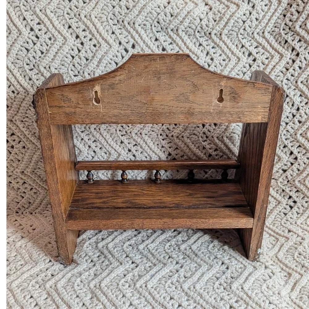Vintage Oak Wood Wall Shelf with Spindle Rail and Towel Bar Farmhouse 13x12x6.5